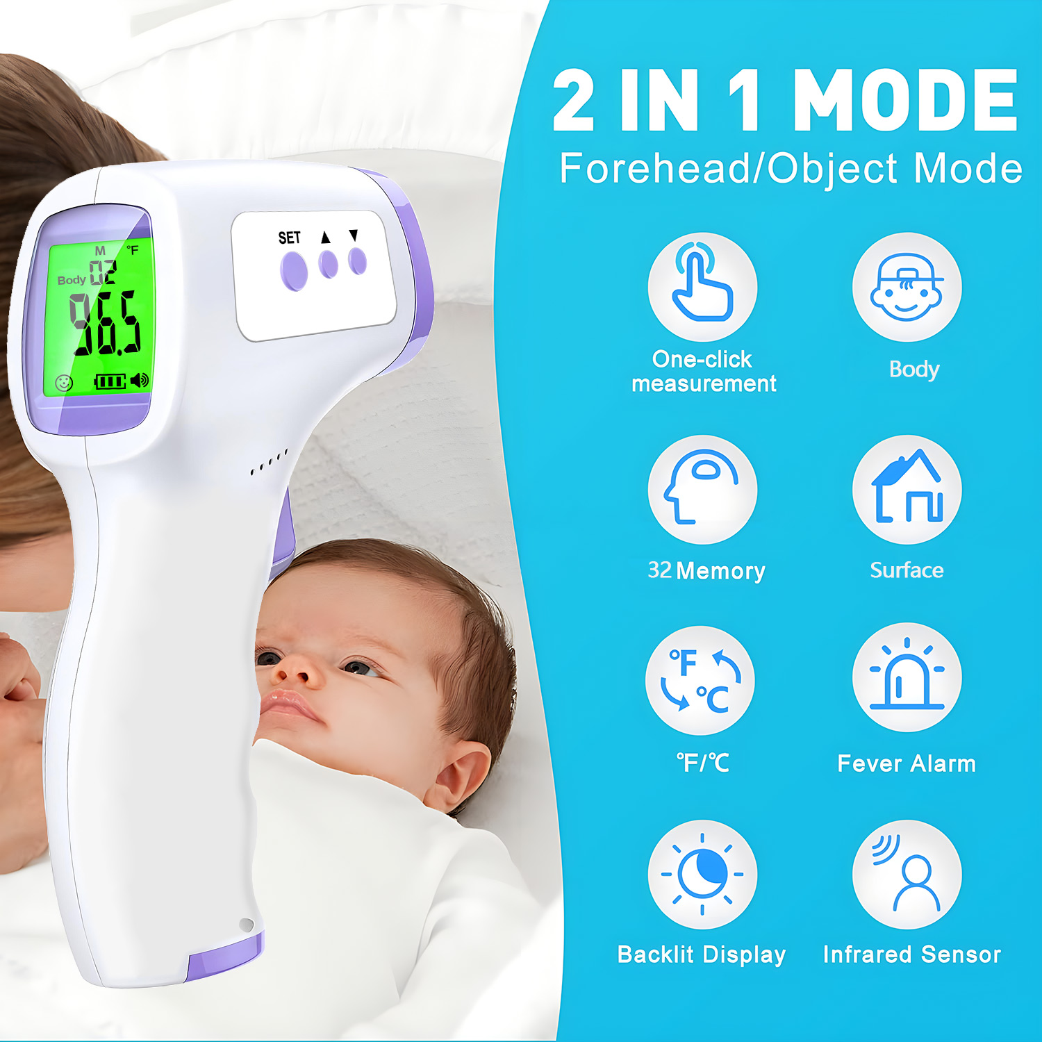 Digital Thermometer Infrared - เทอร์โมมิเตอร์ดิจิตอลแบบอินฟราเรด ไม่ต้องสัมผัส วัดอุณหภูมิหน้าผากแบบไม่สัมผัส ความแม่นยำสูง สำหรับการแพทย์