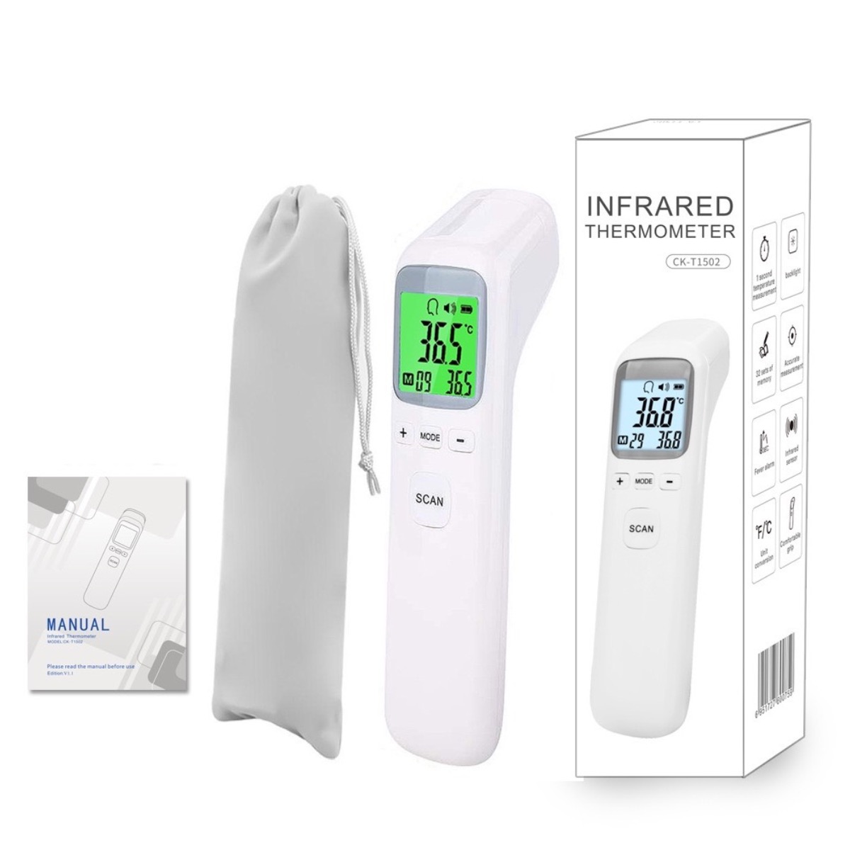 Digital Thermometer Infrared - เครื่องวัดอุณหภูมิสำหรับผู้ใหญ่และเด็ก, เครื่องวัดอุณหภูมิหน้าผากแบบไม่ต้องสัมผัส, ระบบแจ้งเตือนไข้, อ่านค่าได้ทันทีและแม่นยำแบบดิจิตอล