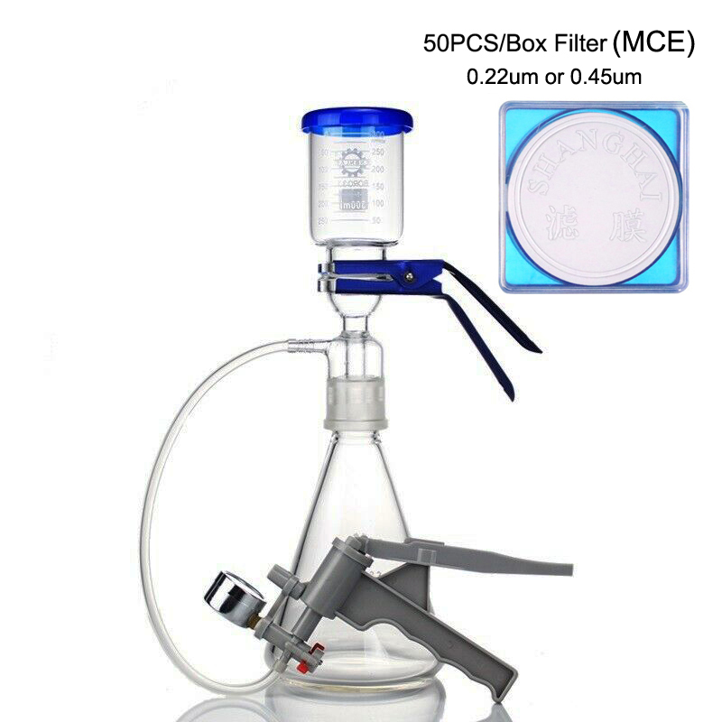 Medical Lab Kit - ชุดอุปกรณ์กรองสุญญากาศแบบเมมเบรนสำหรับห้องปฏิบัติการทางการแพทย์ พร้อมขวดแบบเติมได้ กรวย ขวดรับสาร และปั๊มมือ พร้อมแผ่นกรอง