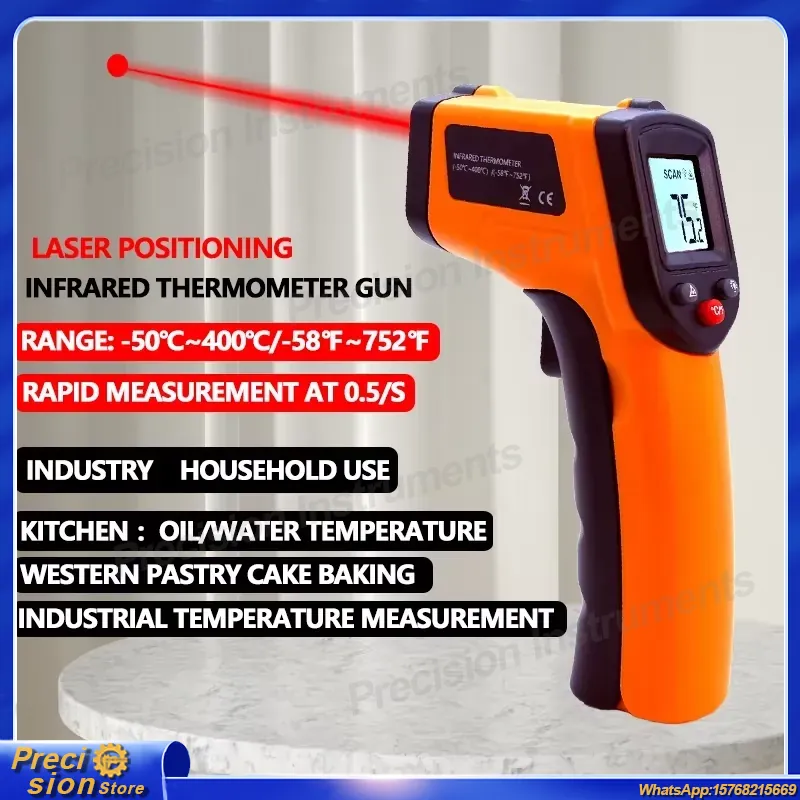 Digital Thermometer Infrared - เครื่องวัดอุณหภูมิอินฟราเรดแบบไม่สัมผัส เครื่องวัดอุณหภูมิแบบเลเซอร์แบบพกพา ไพโรมิเตอร์ดิจิตอล จอแสดงผล LCD สำหรับการทำอาหารในอุตสาหกรรม